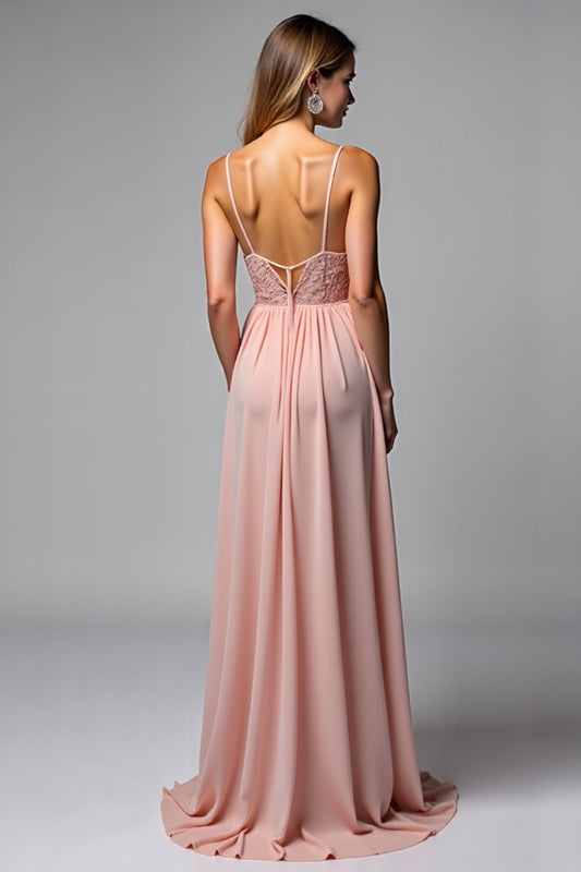 A Line Dusty Rose Chiffon V-Neck Backless Long Bridesmaid Dress