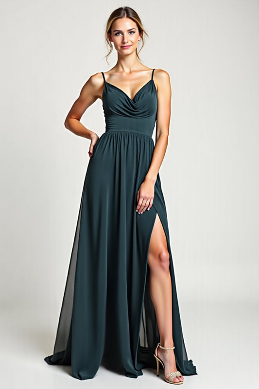 A Line Chiffon Peacock Spaghetti Straps Long Bridesmaid Dress with Slit