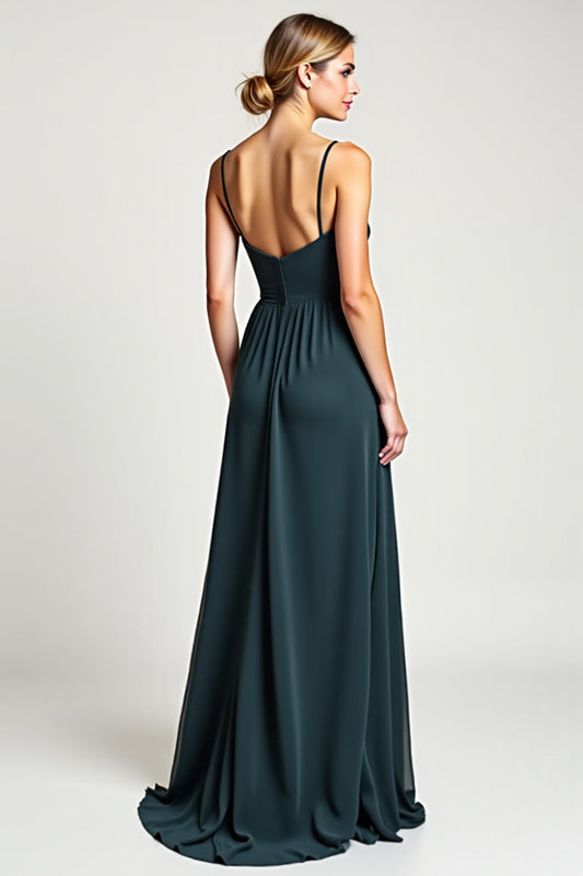 A Line Chiffon Peacock Spaghetti Straps Long Bridesmaid Dress with Slit