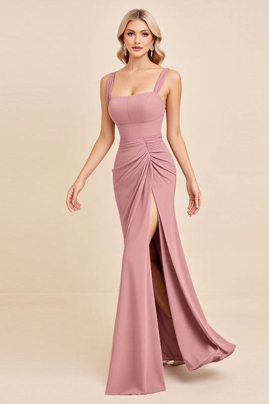 Blush Pink Sheath Satin Square Neck Long Bridesmaid Dress with Slit