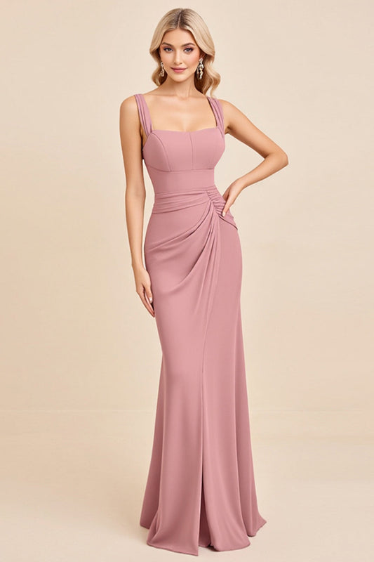 Blush Pink Sheath Satin Square Neck Long Bridesmaid Dress with Slit