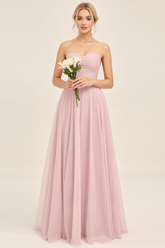 Candy Pink A Line Ruhced Sweetheart Long Bridesmaid Dress