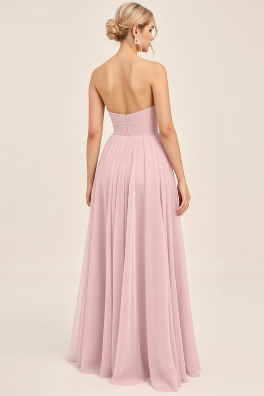 Candy Pink A Line Ruhced Sweetheart Long Bridesmaid Dress