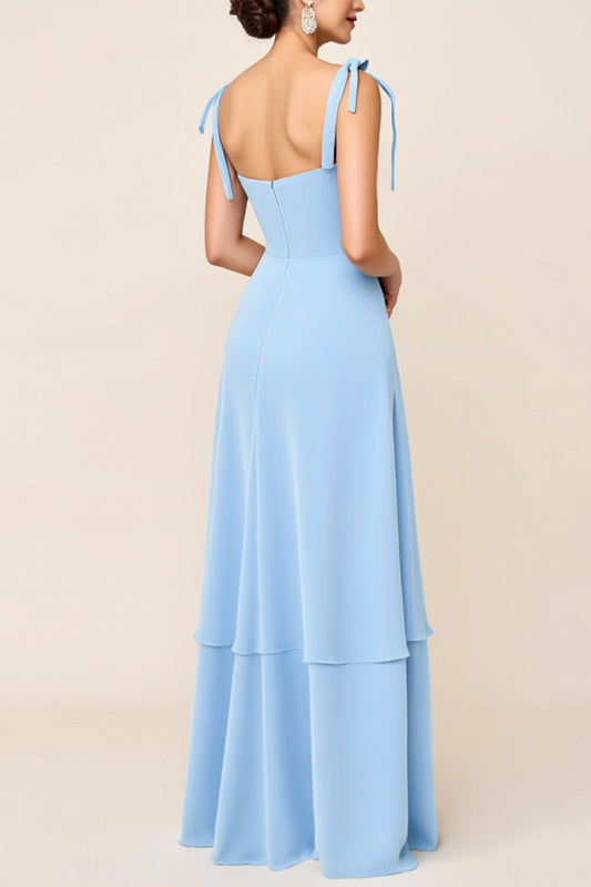 Sky Blue Sheath Satin Square Neck Long Bridesmaid Dress with Slit