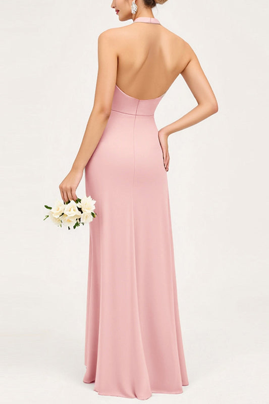 Sheath Candy Pink Halter Backless Long Bridesmaid Dress with Slit