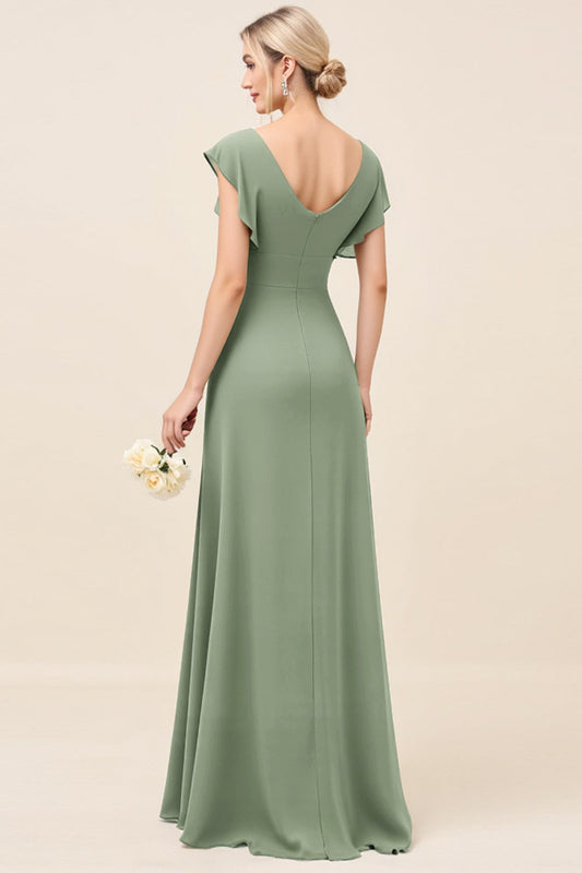 Eucalyptus Sheath Cap Sleeves Long Bridesmaid Dress with Slit