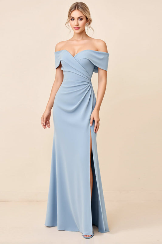 Sheath Dusty Blue Off the Shoulder Long Bridesmaid Dress with Slit