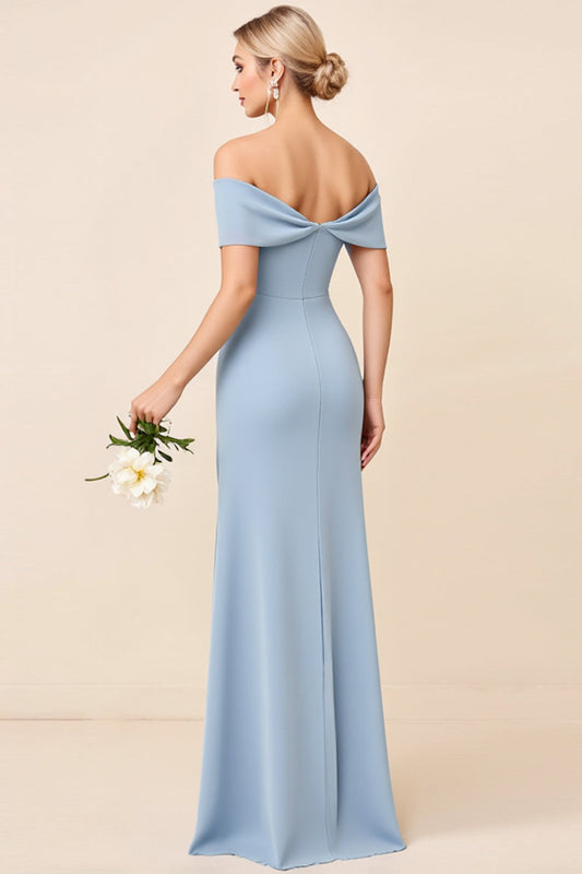 Sheath Dusty Blue Off the Shoulder Long Bridesmaid Dress with Slit