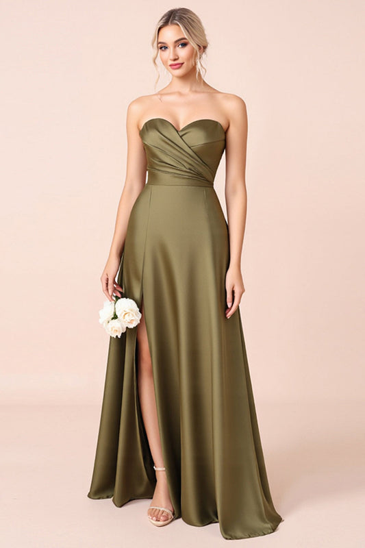 A Line Olive Satin Backless Long Bridesmaid Dress with Slit