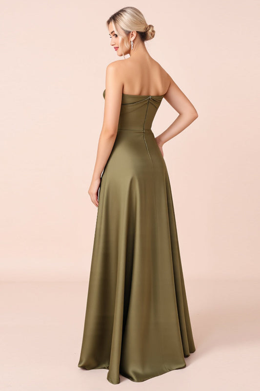 A Line Olive Satin Backless Long Bridesmaid Dress with Slit