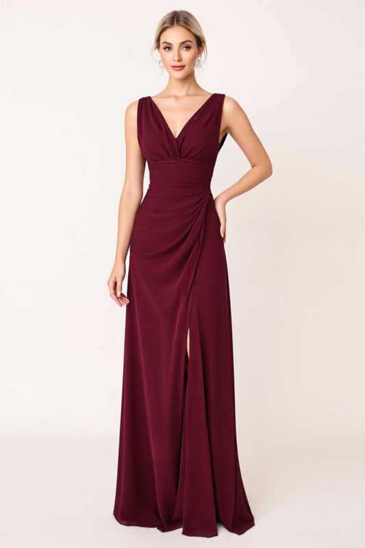 Burgundy Sheath Sleeveless Long Bridesmaid Dress with Slit