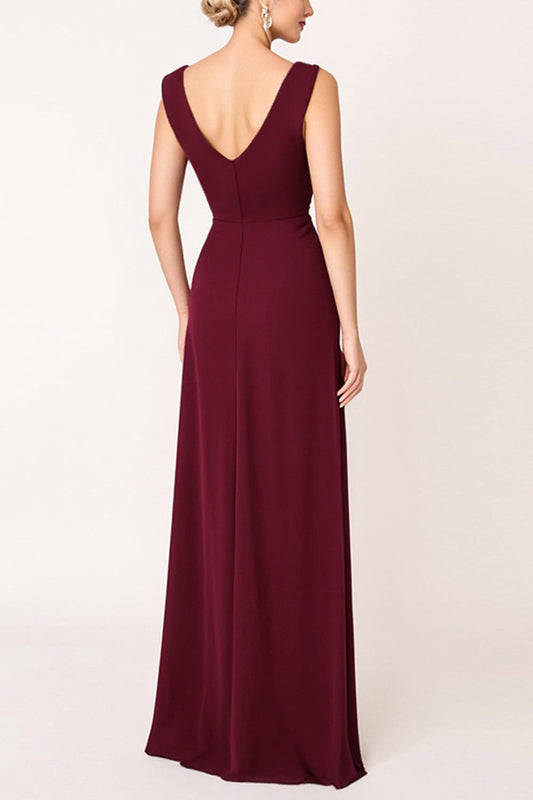Burgundy Sheath Sleeveless Long Bridesmaid Dress with Slit