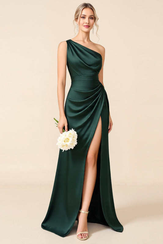 One Shoulder Pine Satin Long Bridesmaid Dress with Slit