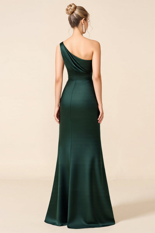 One Shoulder Pine Satin Long Bridesmaid Dress with Slit