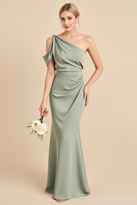 Matcha Sheath Satin One Shoulder Long Bridesmaid Dress
