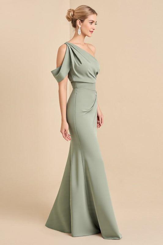 Matcha Sheath Satin One Shoulder Long Bridesmaid Dress