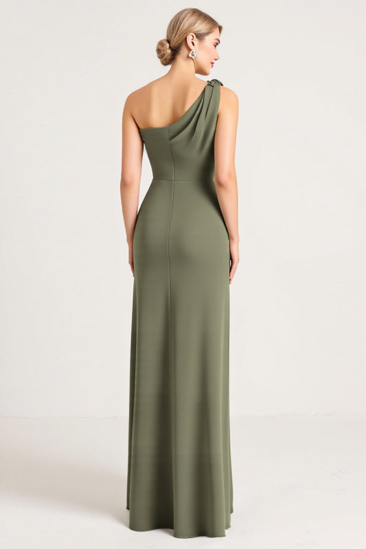 Sheath Olive One Shoulder Long Bridesmaid Dress with Slit
