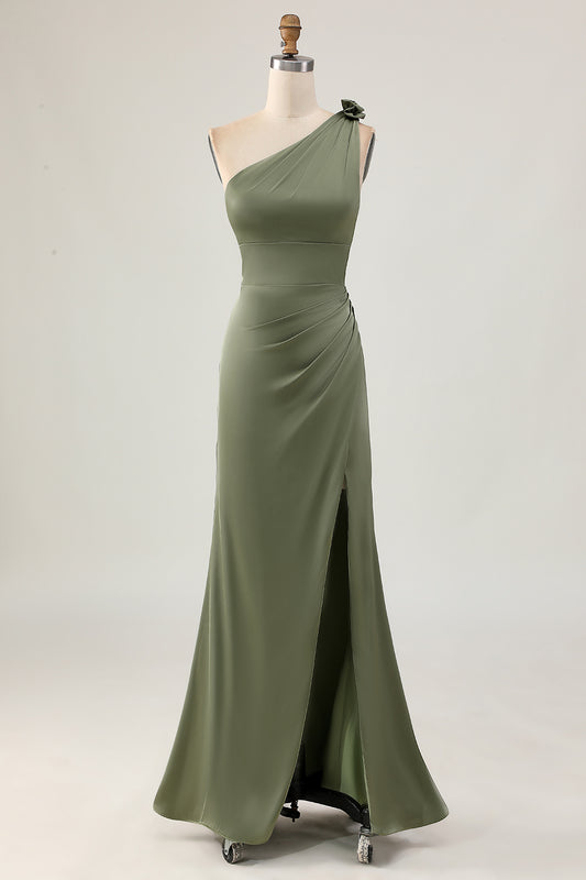 Eucalyptus Satin Ruched One Shoulder Long Bridesmaid Dress with Slit