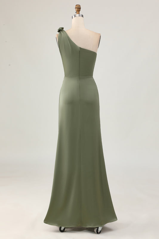 Eucalyptus Satin Ruched One Shoulder Long Bridesmaid Dress with Slit
