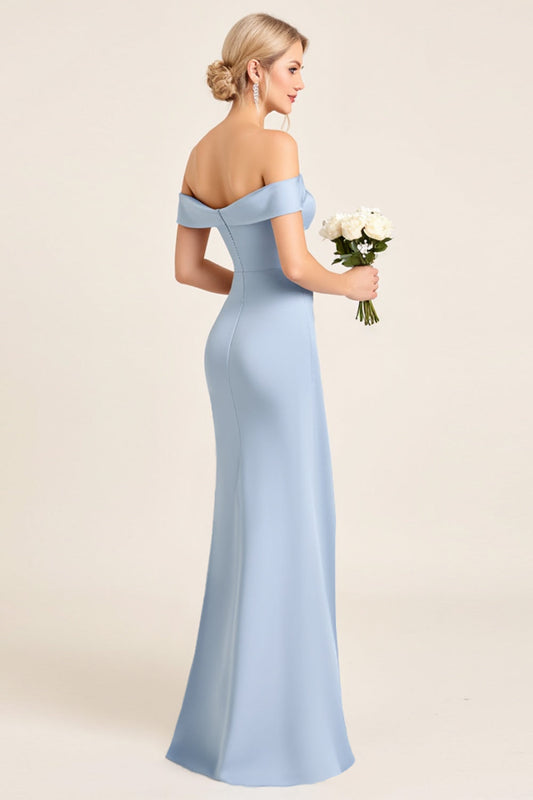 Dusty Blue Square Neck Long Satin Bridesmaid Dress with Slit