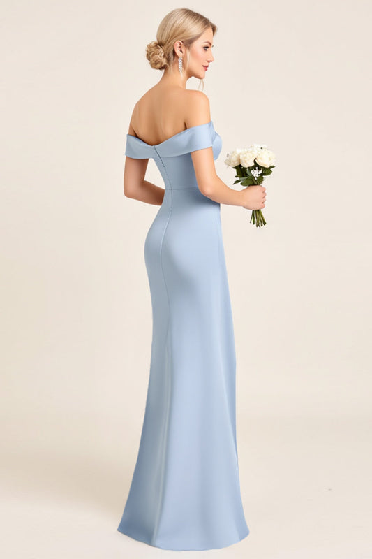Satin Dusty Blue Sheath Backless Long Bridesmaid Dress with Slit