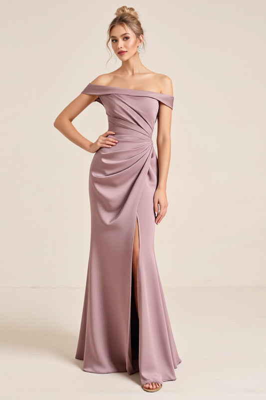 Vintage Mauve Satin Sheath Long Bridesmaid Dress with Slit