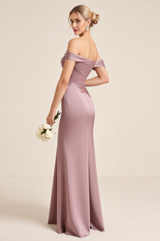 Vintage Mauve Satin Sheath Long Bridesmaid Dress with Slit