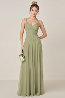 A Line Sage Green Spaghetti Straps Long Bridesmaid Dress With Slit