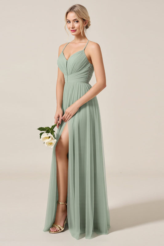 Matcha A Line Spaghetti Straps Long Bridesmaid Dress with Slit