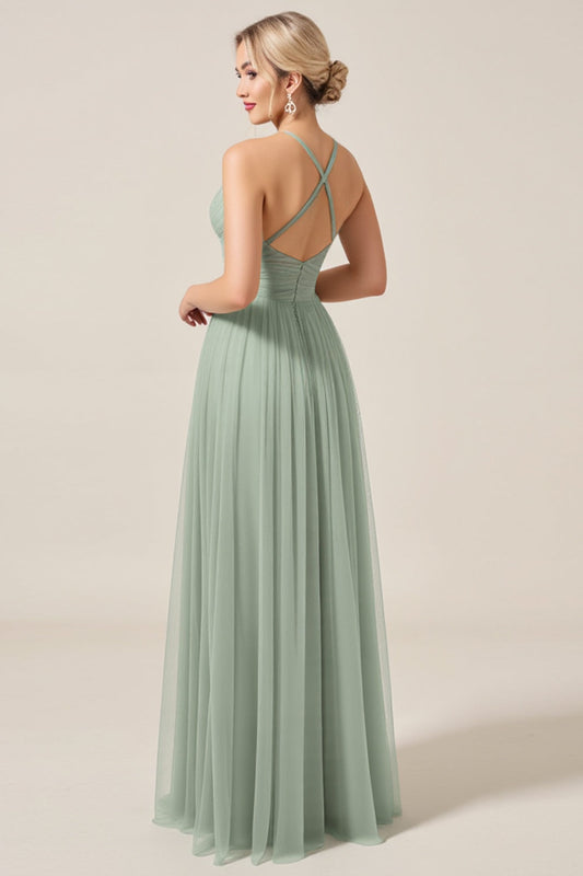 Matcha A Line Spaghetti Straps Long Bridesmaid Dress with Slit