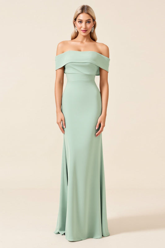 Sheath Mint Satin Long Off the Shoulder Bridesmaid Dress