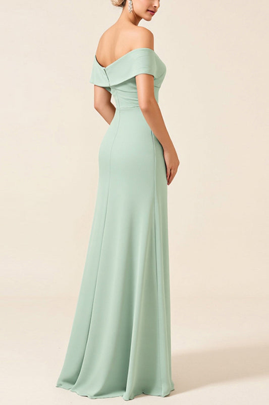 Sheath Mint Satin Long Off the Shoulder Bridesmaid Dress