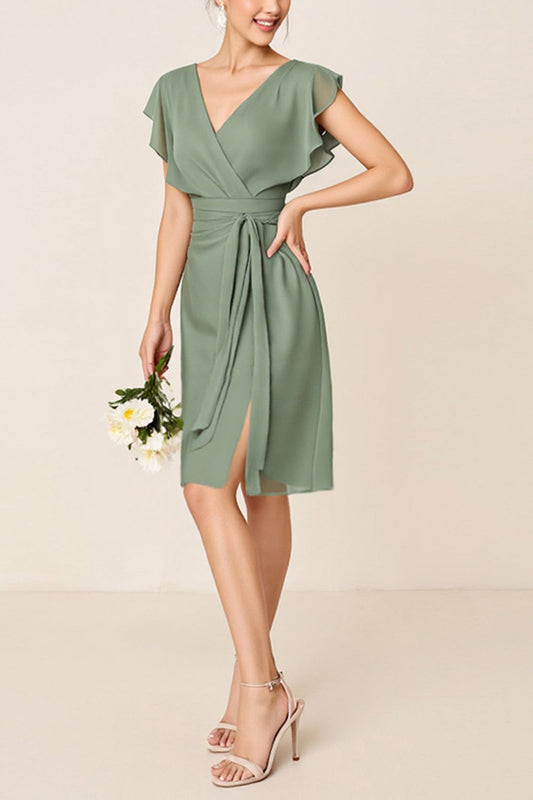 Eucalyptus Chiffon V-Neck Midi Bridesmaid Dress with Cap Sleeves