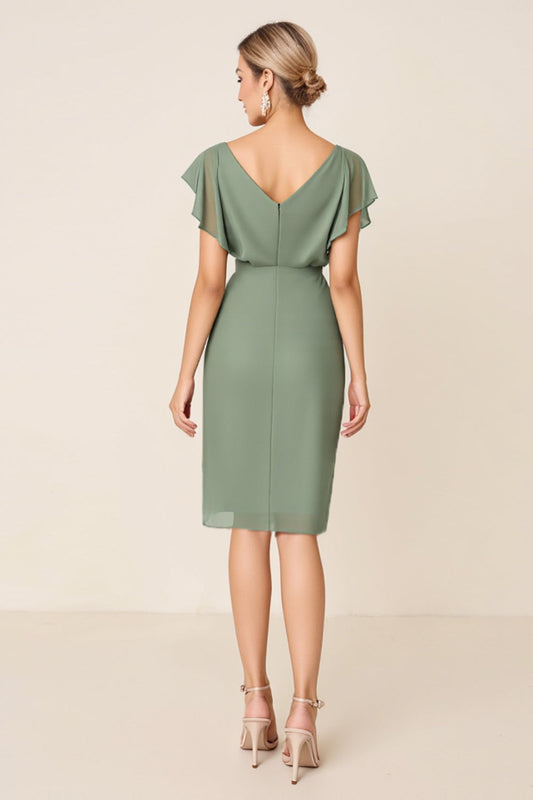 Eucalyptus Chiffon V-Neck Midi Bridesmaid Dress with Cap Sleeves
