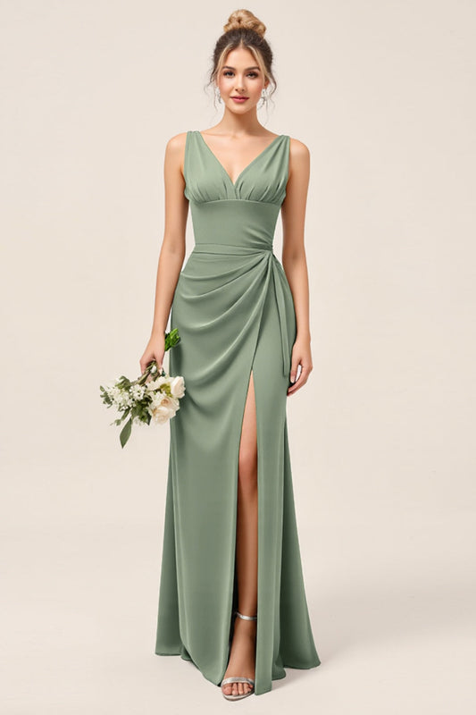 Satin Eucalyptus Sheath V-Neck Long Bridesmaid Dress with Slit