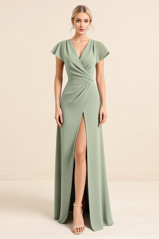 Matcha Sheath Long Cap Sleeves Bridesmaid Dress with Slit