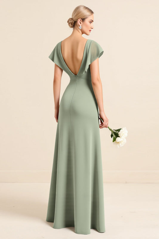 Matcha Sheath Long Cap Sleeves Bridesmaid Dress with Slit