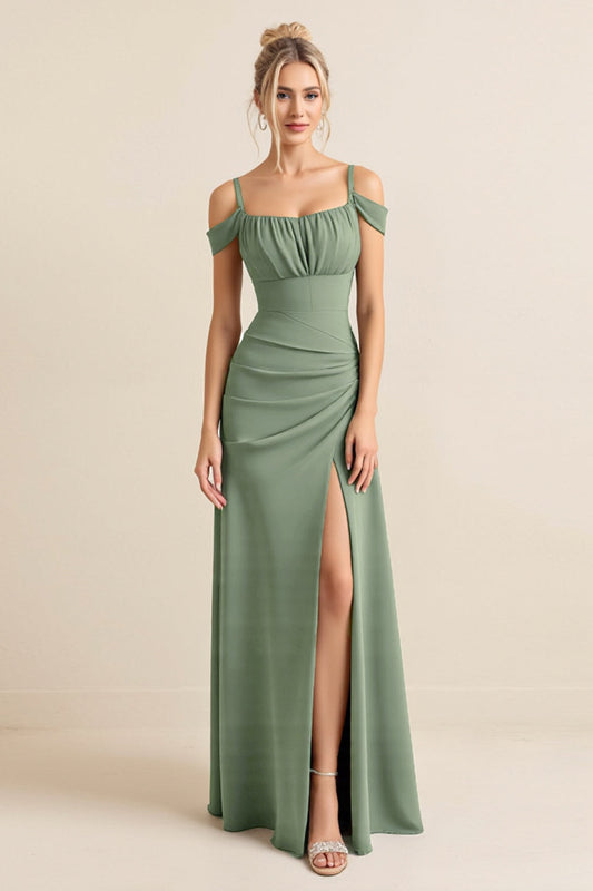Eucalyptus Sheath Cold Shoulder Long Bridesmaid Dress with Slit