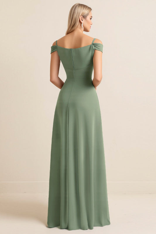 Eucalyptus Sheath Cold Shoulder Long Bridesmaid Dress with Slit