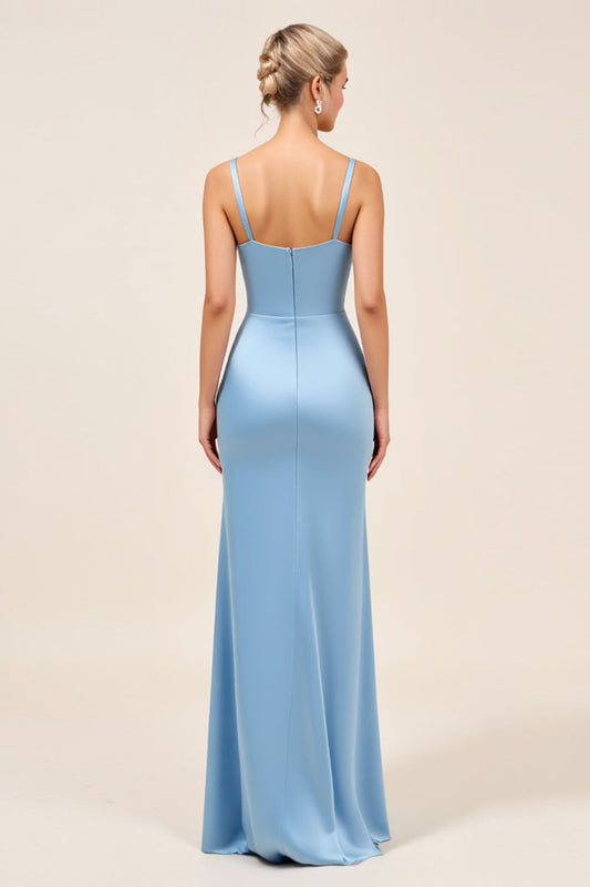 Dusty Blue Satin Long Spaghetti Straps Bridesmaid Dress with Slit