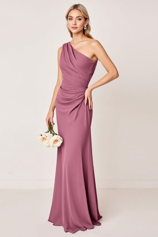 One Shoulder Vintage Mauve Satin Sheath Long Bridesmaid Dress