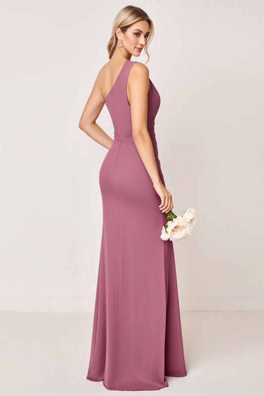 One Shoulder Vintage Mauve Satin Sheath Long Bridesmaid Dress