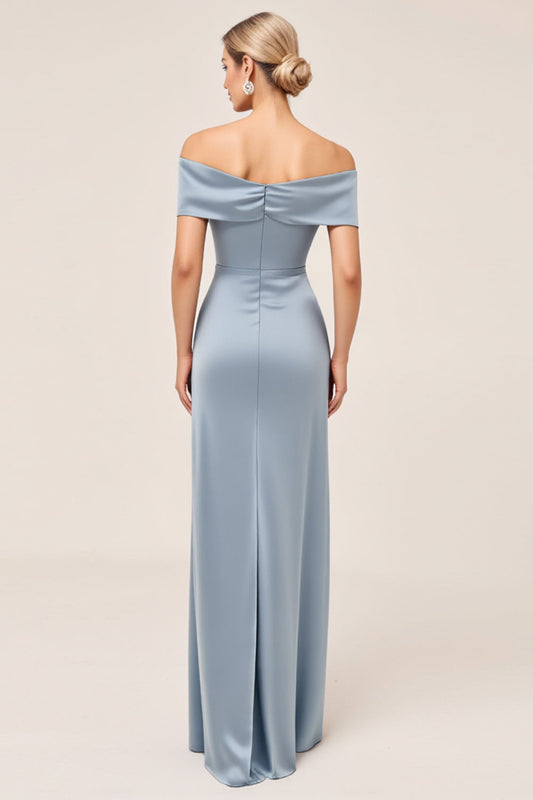 Sheath Dusty Blue Off the Shoulder Satin Long Bridesmaid Dress with Slit