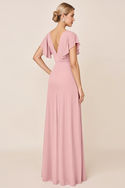 Sheath Candy Pink Satin V-Neck Long Bridesmaid Dress with Slit