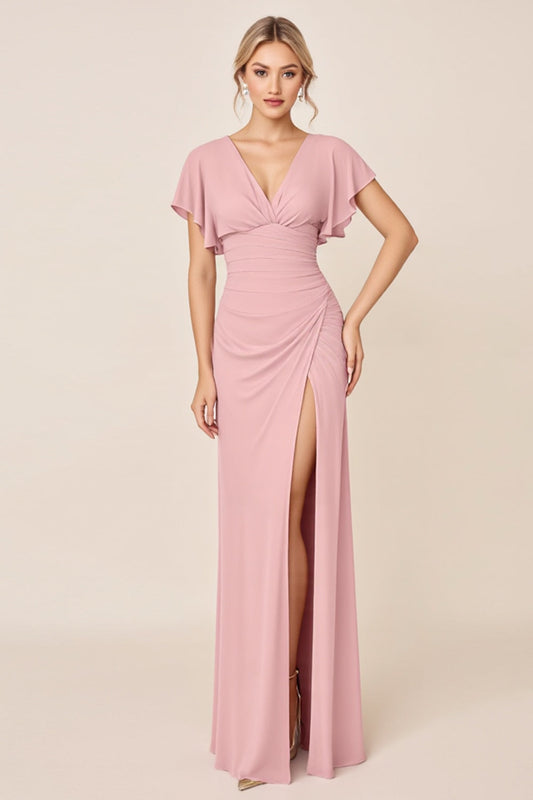 Sheath Candy Pink Satin V-Neck Long Bridesmaid Dress with Slit