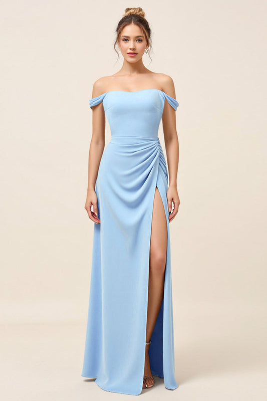 Sheath Sky Blue Satin Backless Long Bridesmaid Dress with Slit