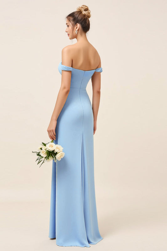 Sheath Sky Blue Satin Backless Long Bridesmaid Dress with Slit