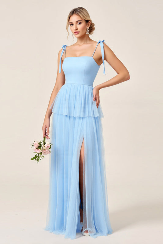 Sky Blue A Line Spaghetti Straps Long Bridesmaid Dress with Slit