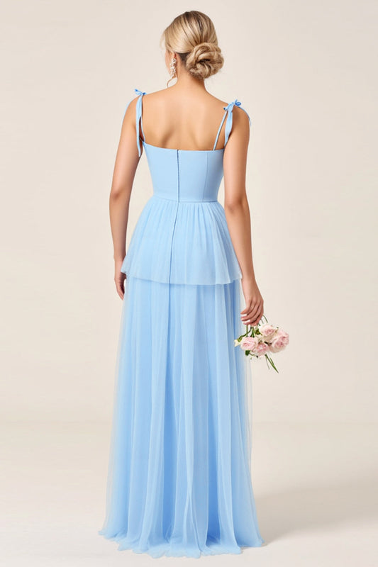 Sky Blue A Line Spaghetti Straps Long Bridesmaid Dress with Slit