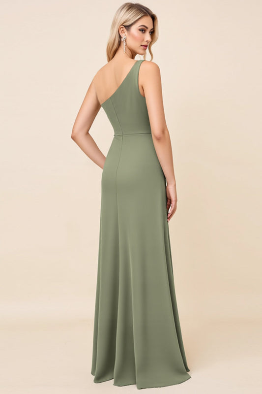 One Shoulder Eucalyptus Sheath Long Satin Bridesmaid Dress with Slit